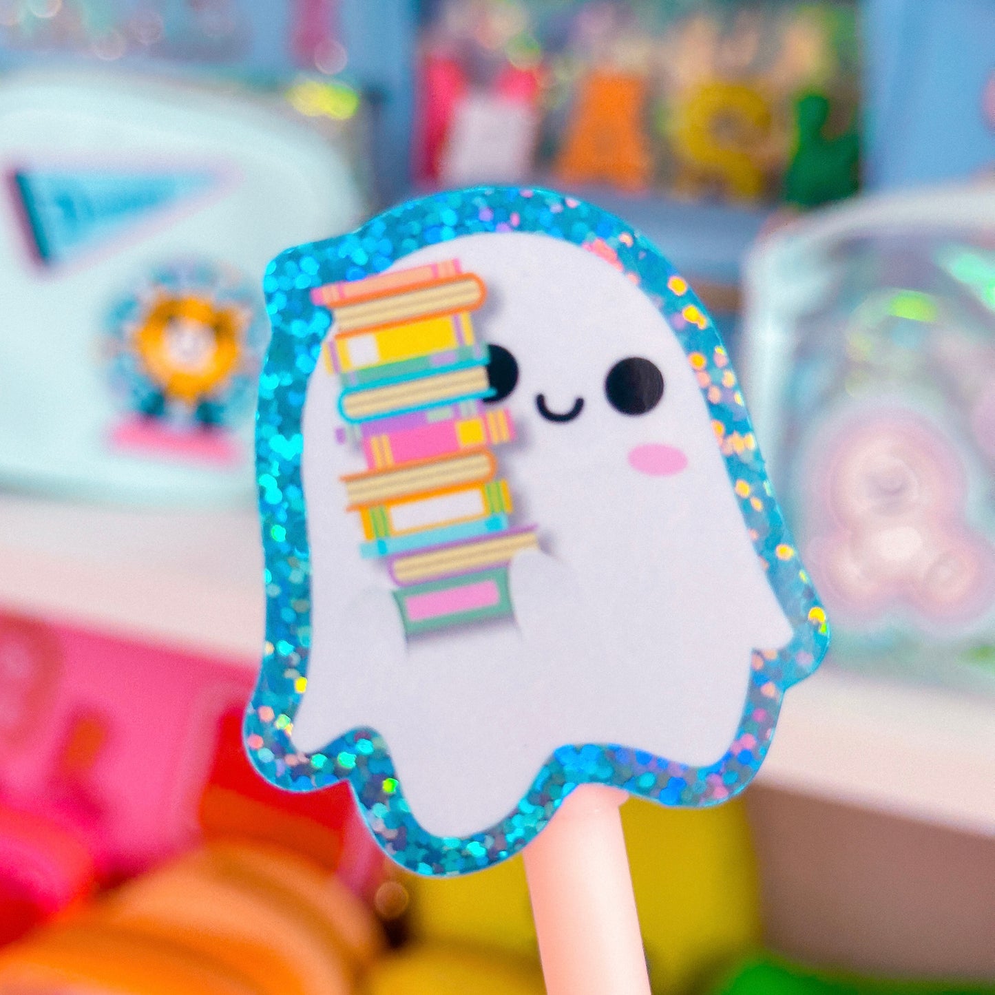 Glitter Waterproof Sticker - Book TBR Ghostie (Blue)