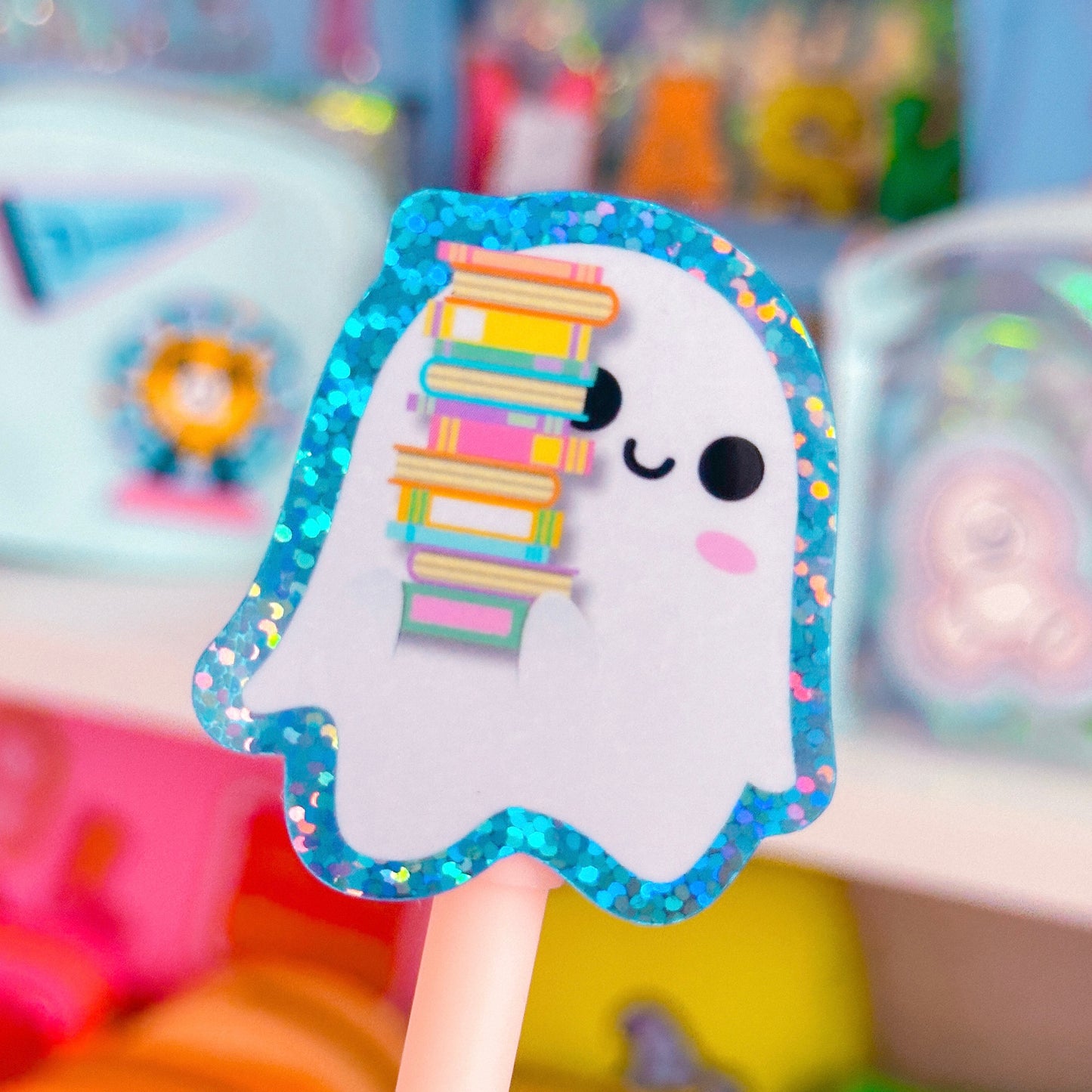 Glitter Waterproof Sticker - Book TBR Ghostie (Blue)