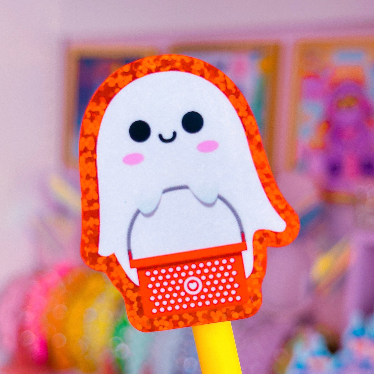 Glitter Waterproof Sticker - Shopping Basket Ghostie (Red)