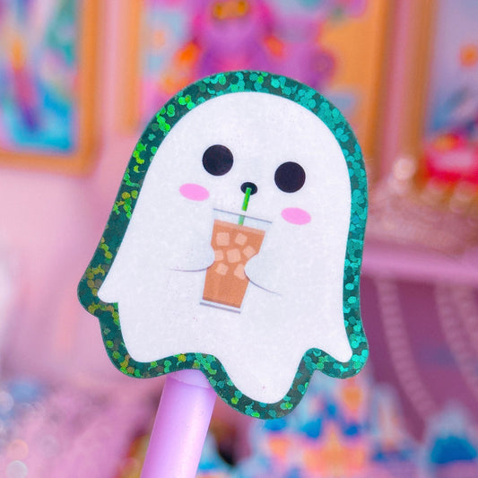 Glitter Waterproof Sticker - Coffee Ghostie (Green)