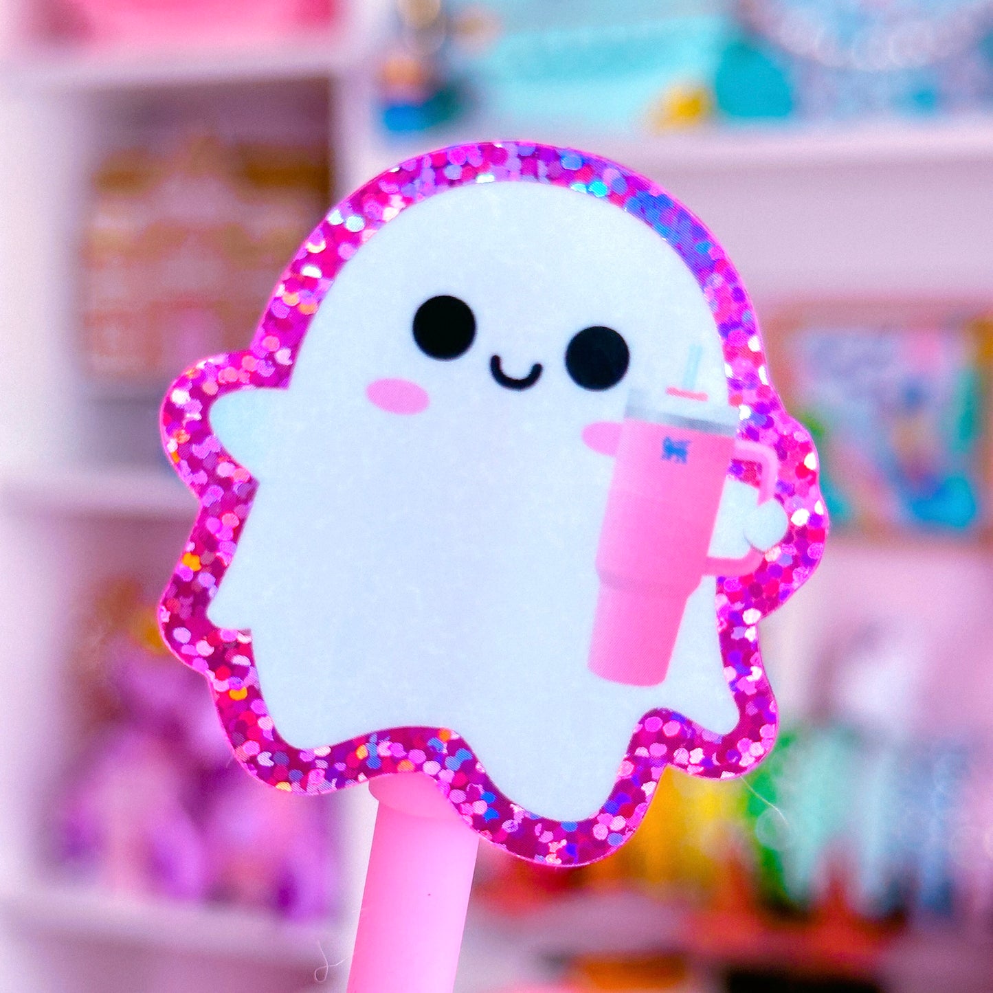 Glitter Waterproof Sticker - Water Cup Ghostie (Pink)