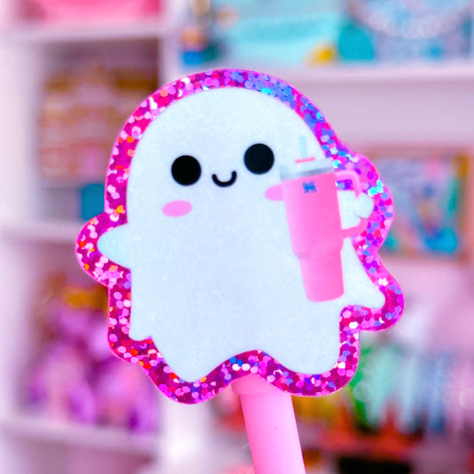 Glitter Waterproof Sticker - Water Cup Ghostie (Pink)