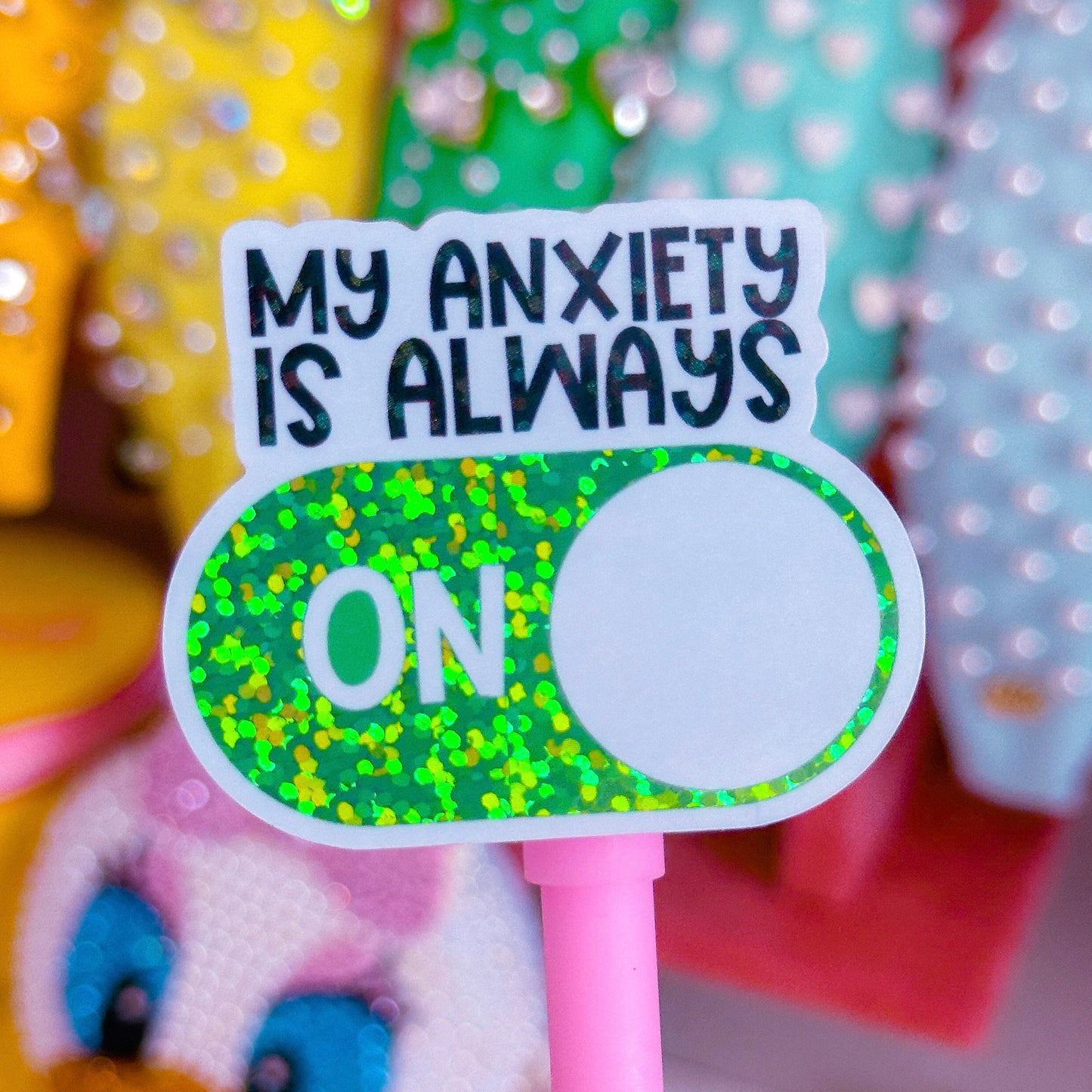 Vinyl Glitter Waterproof Sticker - Anxiety Button