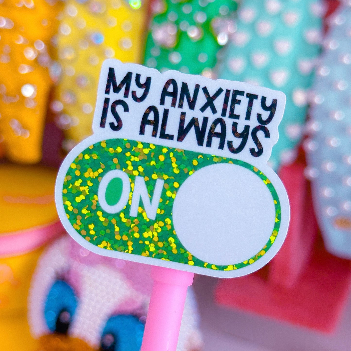 Vinyl Glitter Waterproof Sticker - Anxiety Button