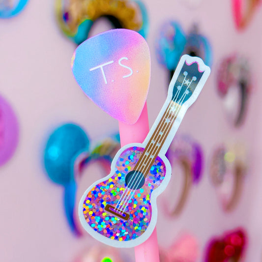 Glitter Waterproof Sticker - Pink Guitar + Pick DUO