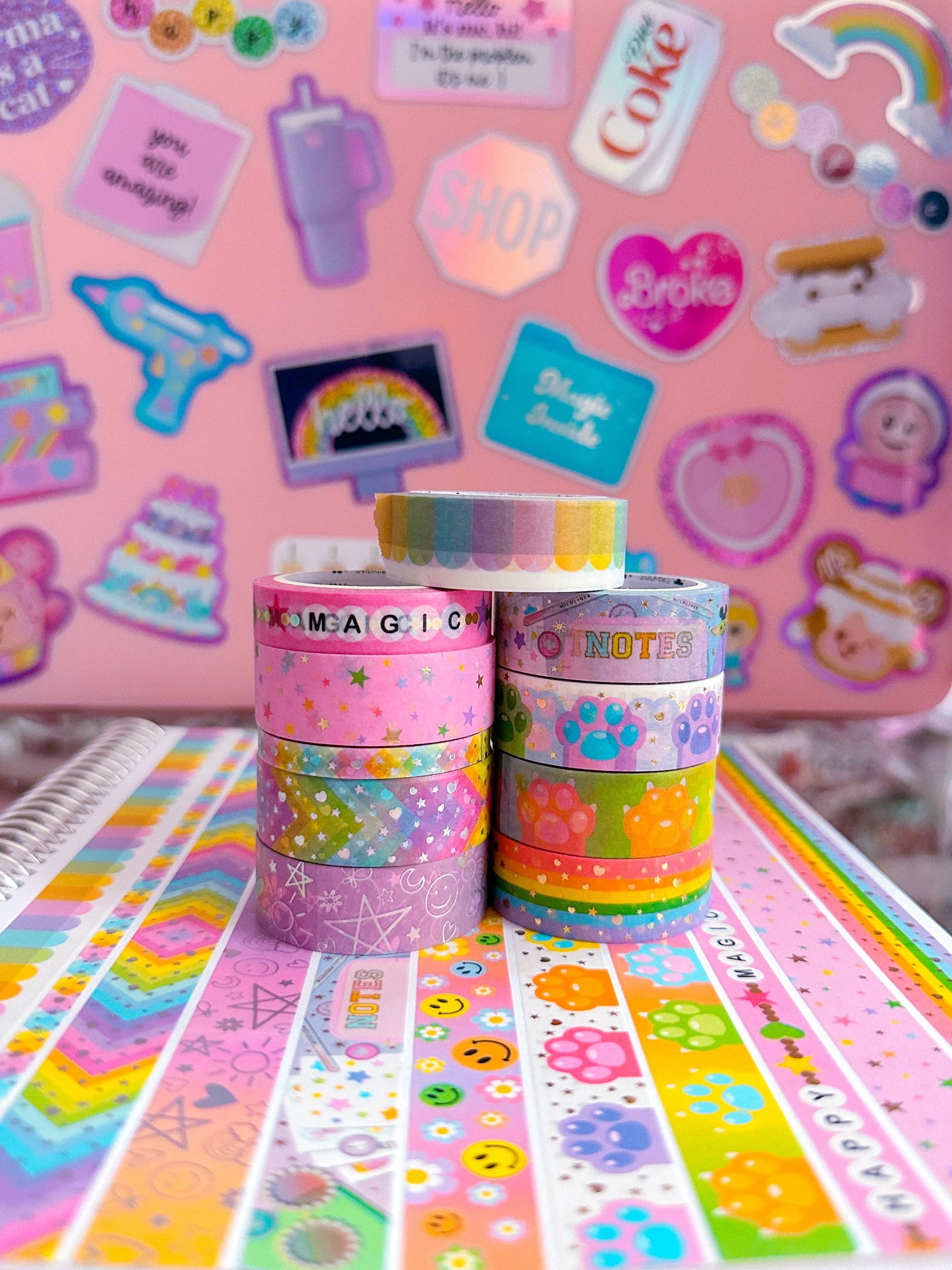 15MM Foiled Washi Tape - Rainbow Kitty Paws (White)