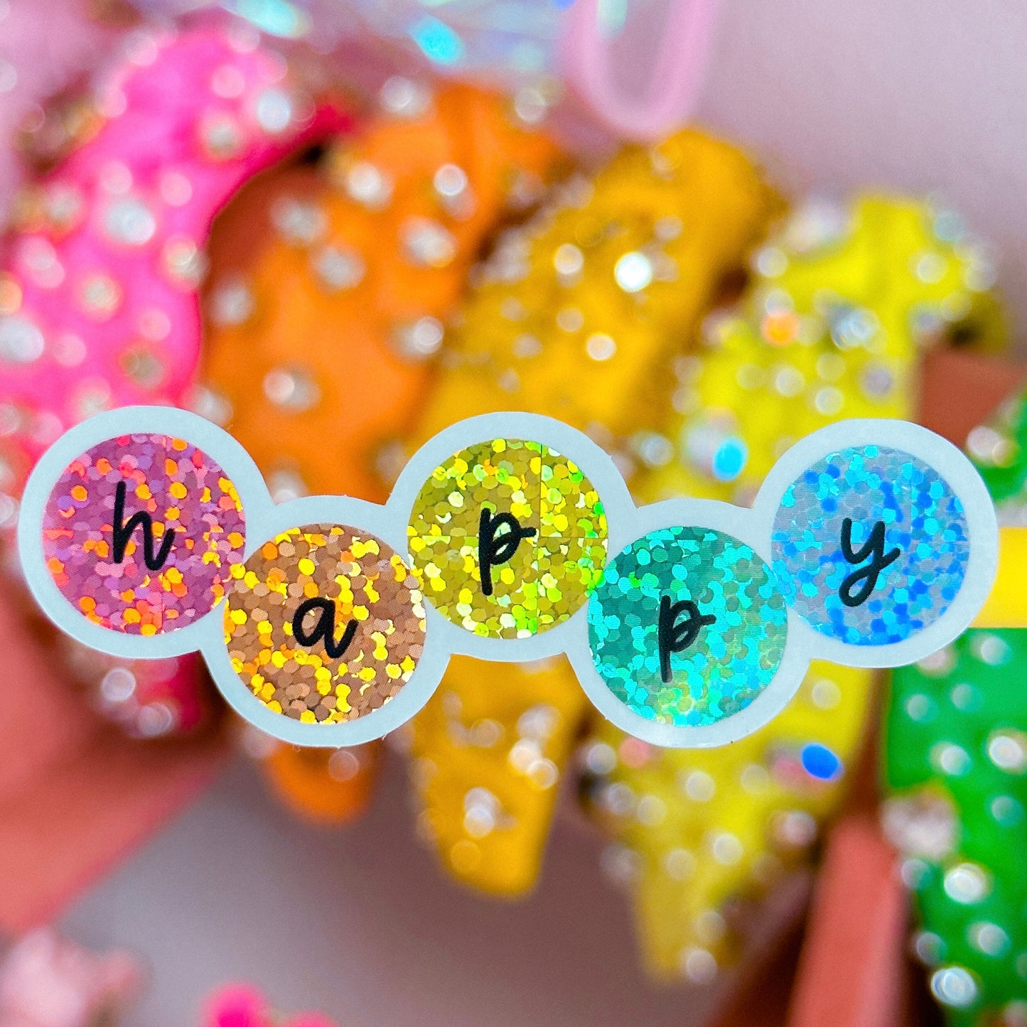 Glitter Waterproof Sticker - HAPPY Rainbow Circles